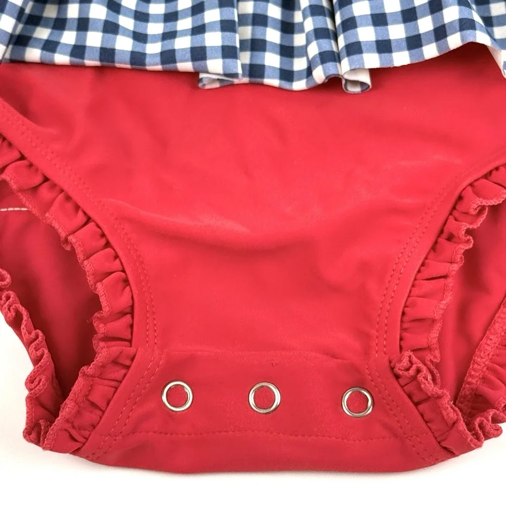 Ruffle Butts Gingham Check Swimsuit Girls 2 T Red Blue Long Sleeve 1 Piece Beach